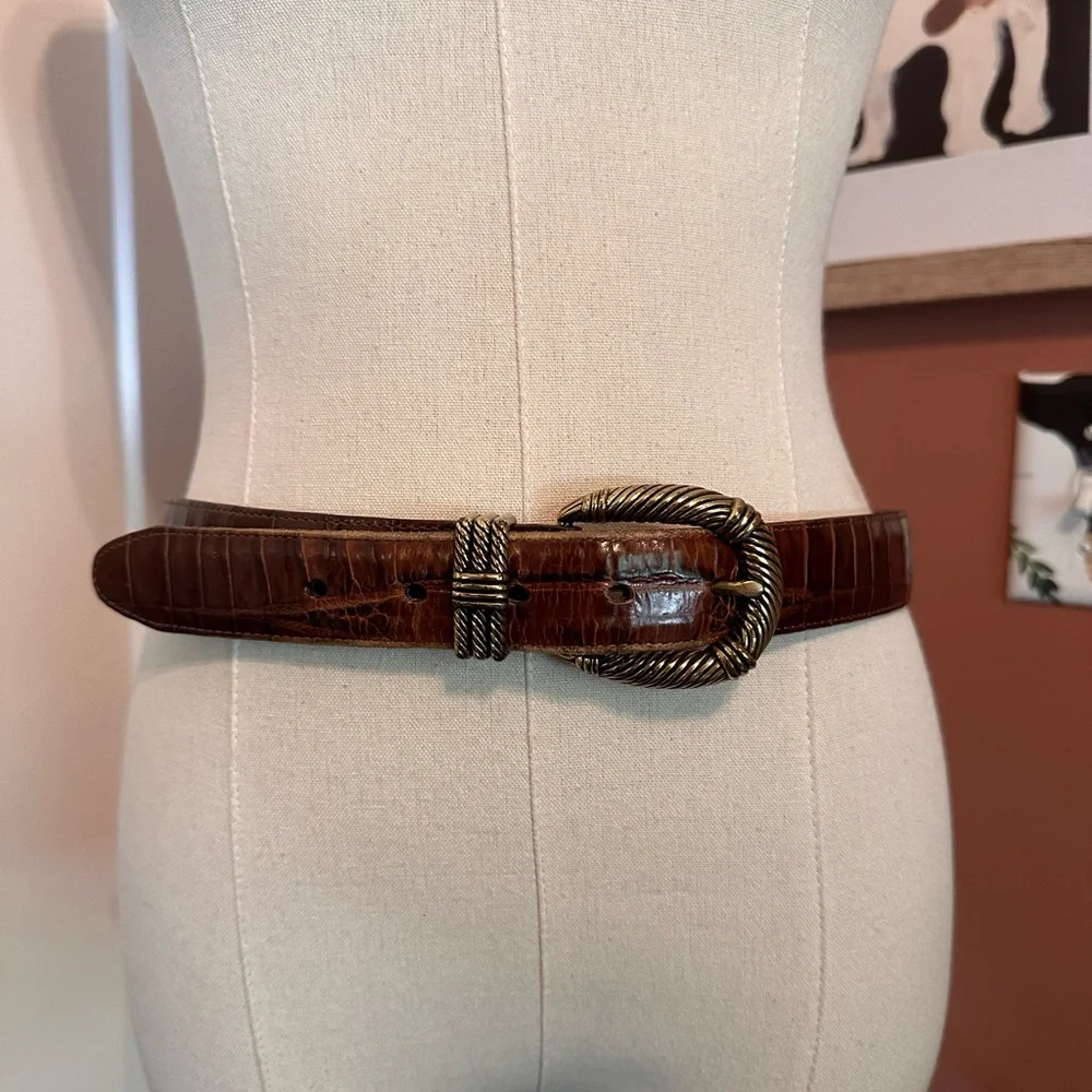 Brighton 1994 women’s brown reptile gold brush buckle leather L belt